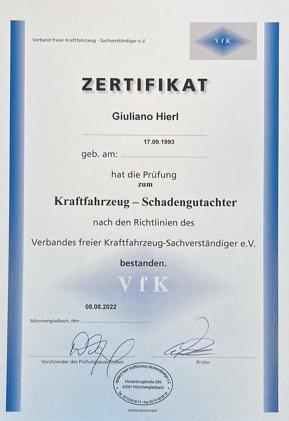 Zertifikat-Kfz-Sachverständiger